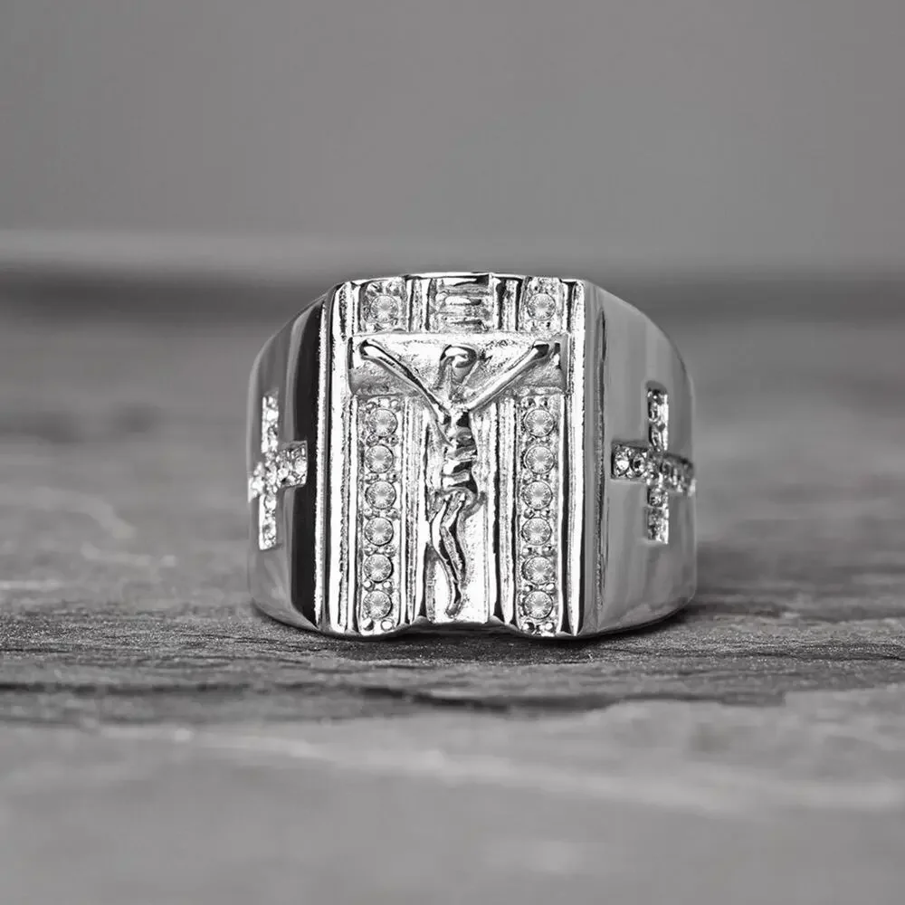 CZ Pave Cross Sides and Jesus on the Cross Stainless Steel Ring size 13